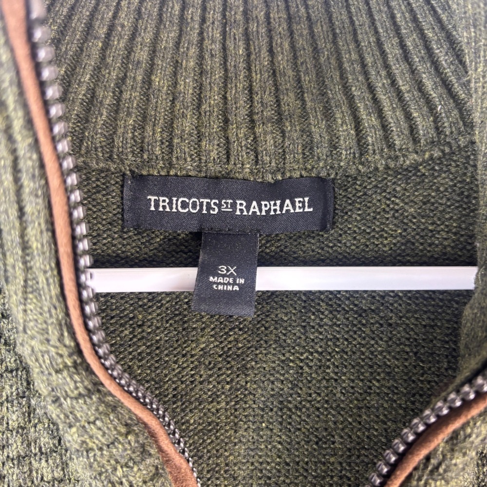Tricots St Raphael Mens 3X Olive Green Waffle Knit Quarter Zip Elbow Patch 3XL - Picture 2 of 11